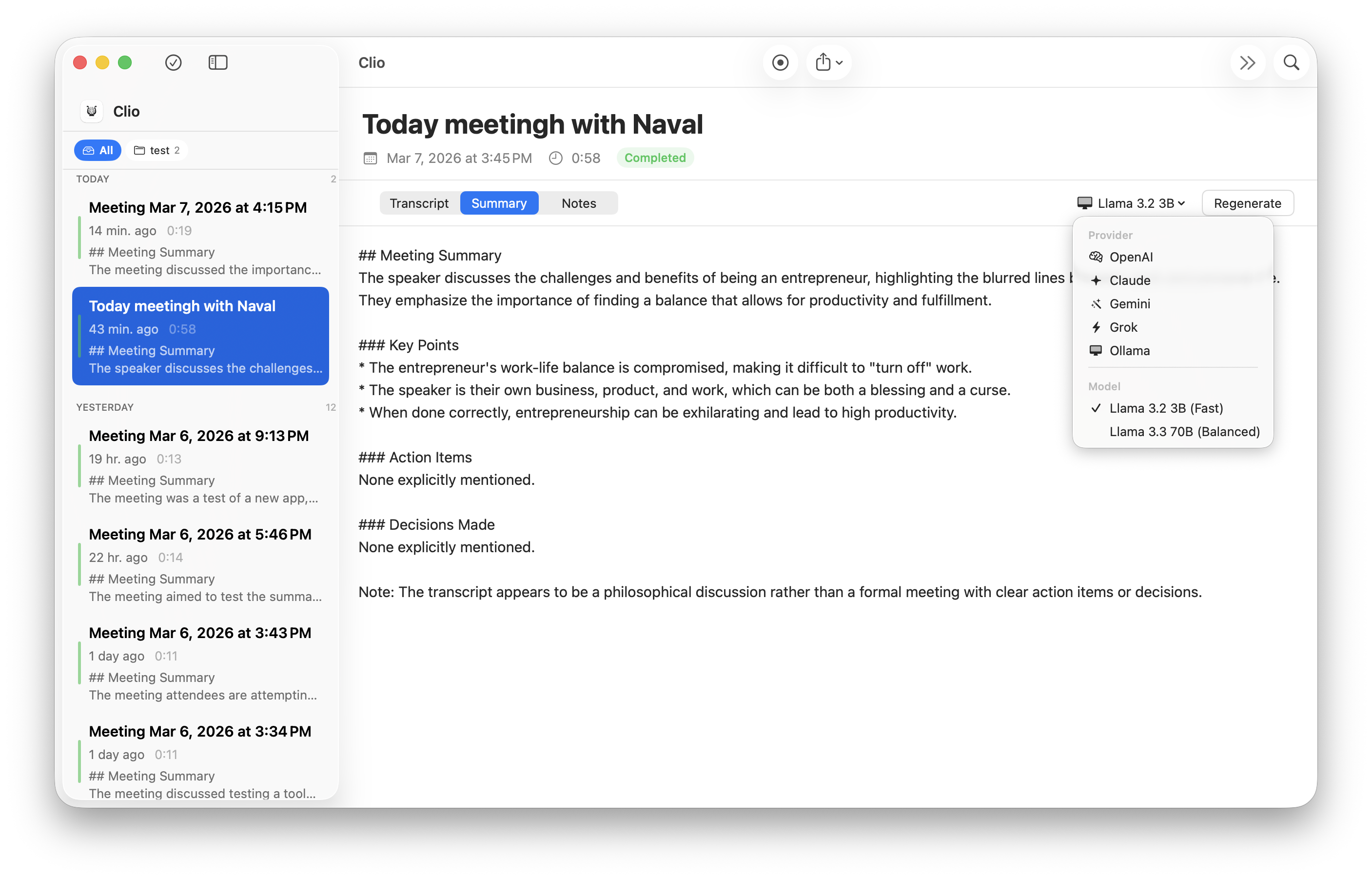 Clio macOS app showing an AI-generated meeting summary